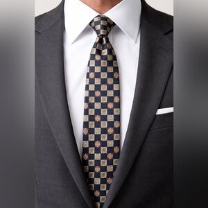 Claiborne Navy Checkered Silk Tie | Gold & Burgundy Medallion Print